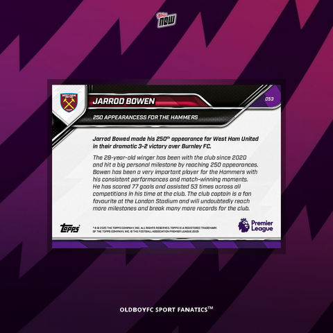 Topps Now Jarrod Bowen 25/26 英超 球星卡 背面圖