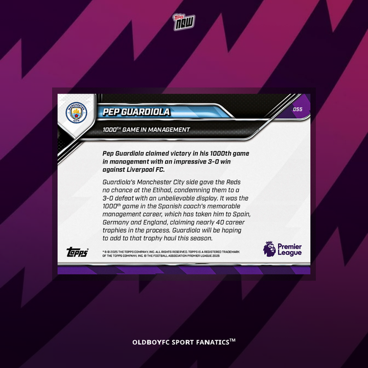Topps Now Pep Guardiola 25/26 英超 球星卡 背面圖