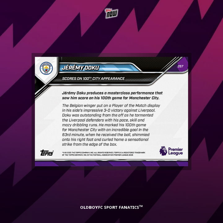 Topps Now Jérémy Doku 25/26 英超 球星卡 背面圖