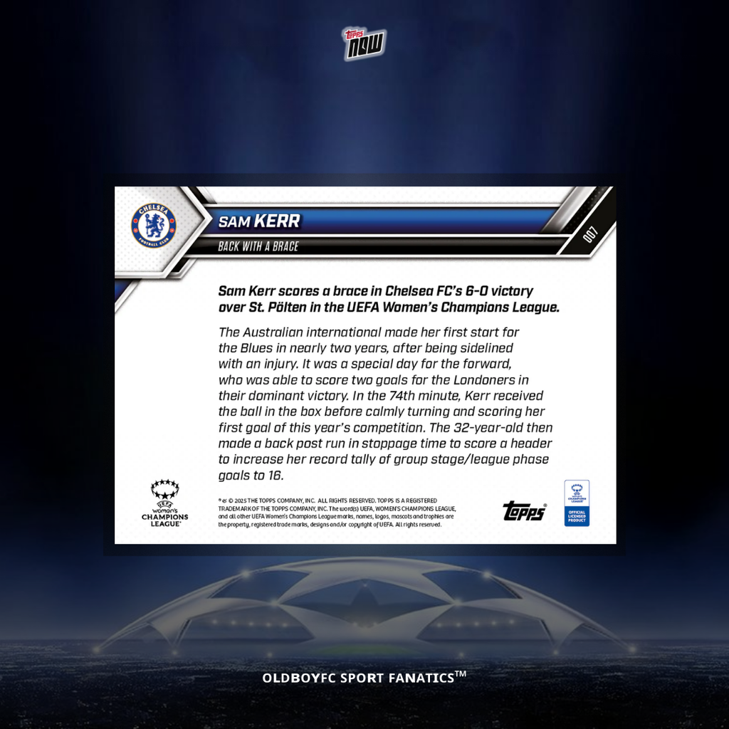 Topps Now Sam Kerr 25/26 女足歐冠 球星卡 背面圖