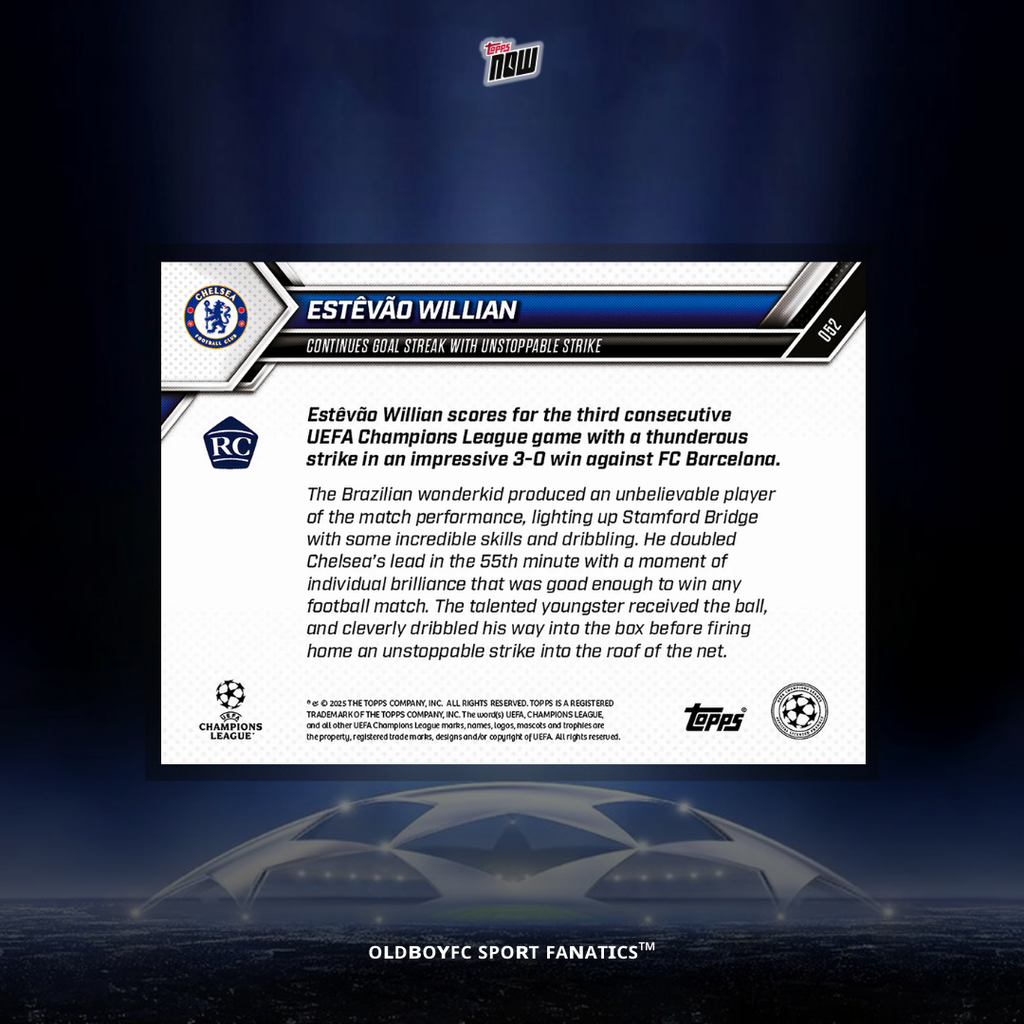Topps Now Estêvão Willian 25/26 UCL 球星卡 背面圖