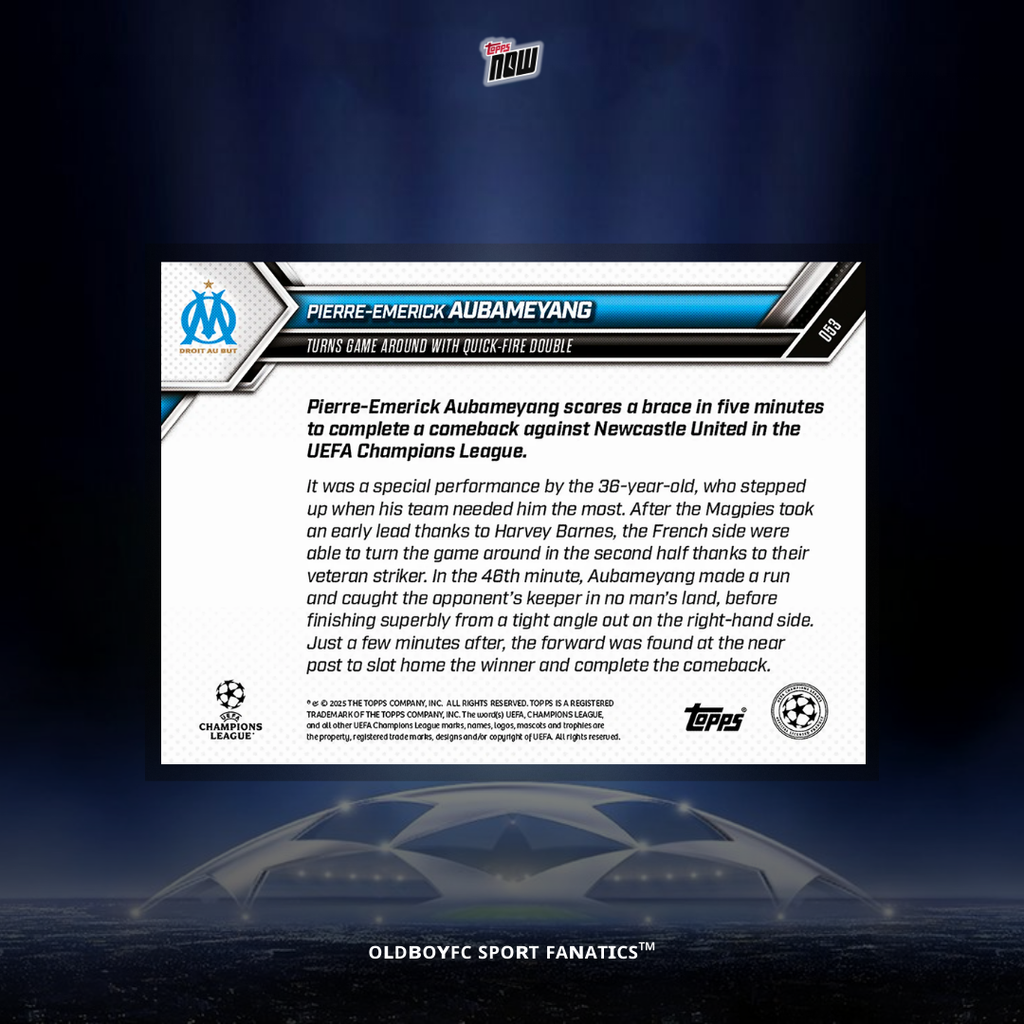 Topps Now Pierre-Emerick Aubameyang 25/26 UCL 球星卡 背面圖