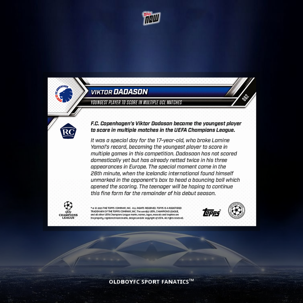 Topps Now Viktor Dadason 25/26 UCL #62 背面圖