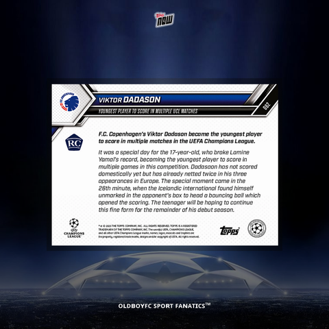 Topps Now Viktor Dadason 25/26 UCL #62 背面圖