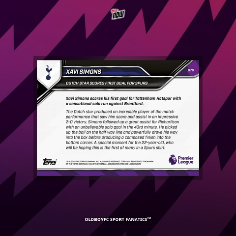 Topps Now Xavi Simons 25/26 英超 球星卡 背面圖