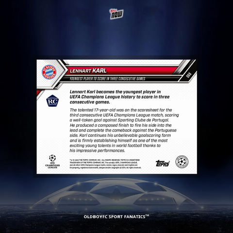Topps Now Lennart Karl 25/26 UCL 球星卡 背面圖