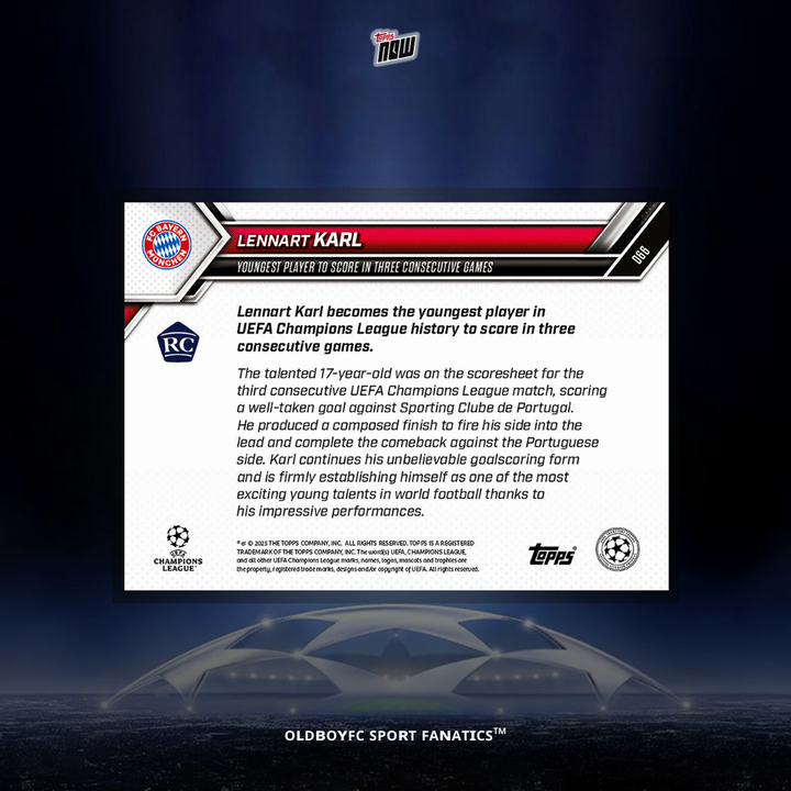 Topps Now Lennart Karl 25/26 UCL 球星卡 背面圖