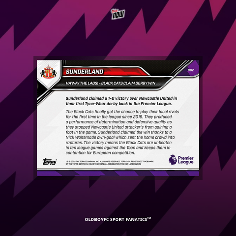 Topps Now Sunderland 25/26 英超 球星卡 背面圖