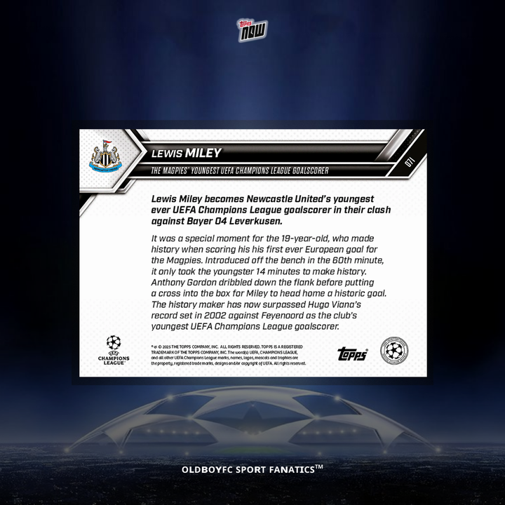 Topps Now Lewis Miley 25/26 UCL 球星卡 背面圖