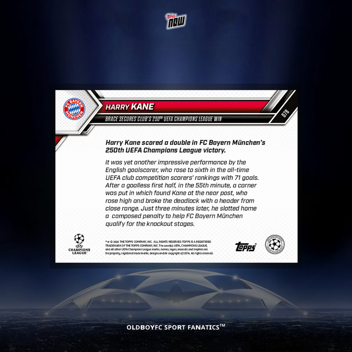 Topps Now Harry Kane 25/26 UCL 球星卡 背面圖