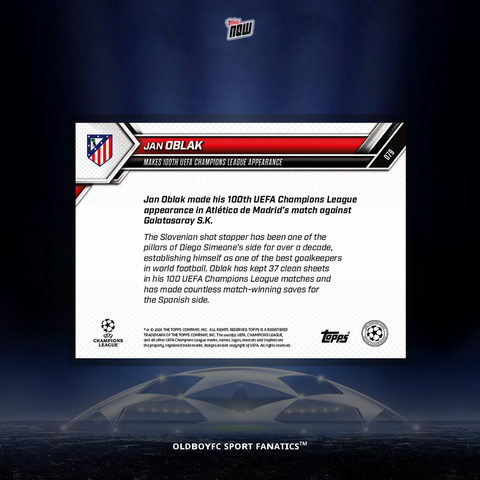 Topps Now Jan Oblak 25/26 UCL 球星卡 背面圖