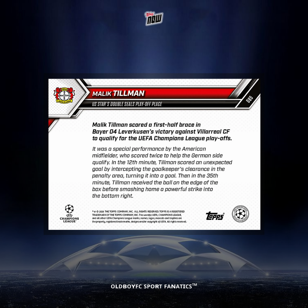 Topps Now Malik Tillman 25/26 UCL 球星卡 背面圖