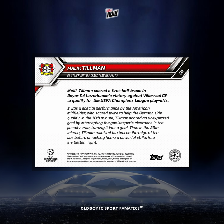 Topps Now Malik Tillman 25/26 UCL 球星卡 背面圖