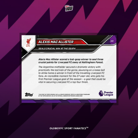 Topps Now Alexis Mac Allister 25/26 英超 #143 球星卡 背面圖