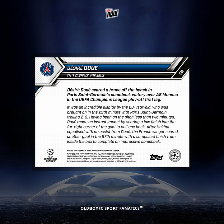 Topps Now Désiré Doué 25/26 UCL #89 球星卡 背面圖
