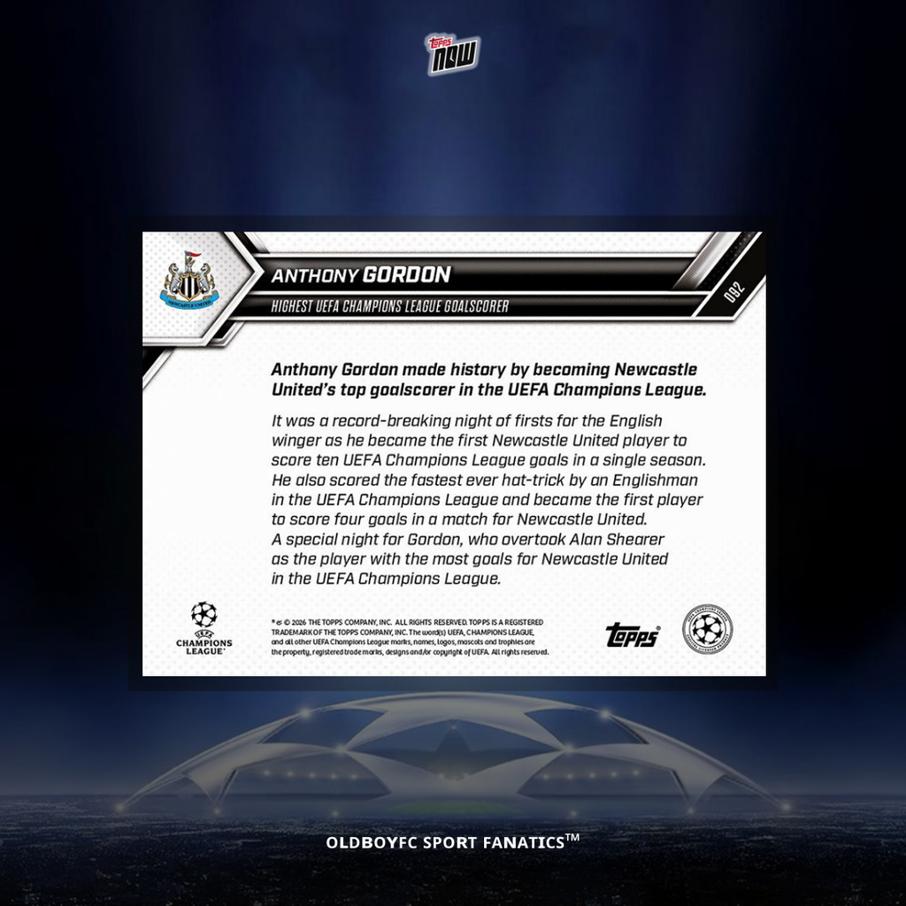 Topps Now Anthony Gordon 25/26 UCL #92 球星卡 背面圖