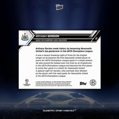 Topps Now Anthony Gordon 25/26 UCL #92 球星卡 背面圖
