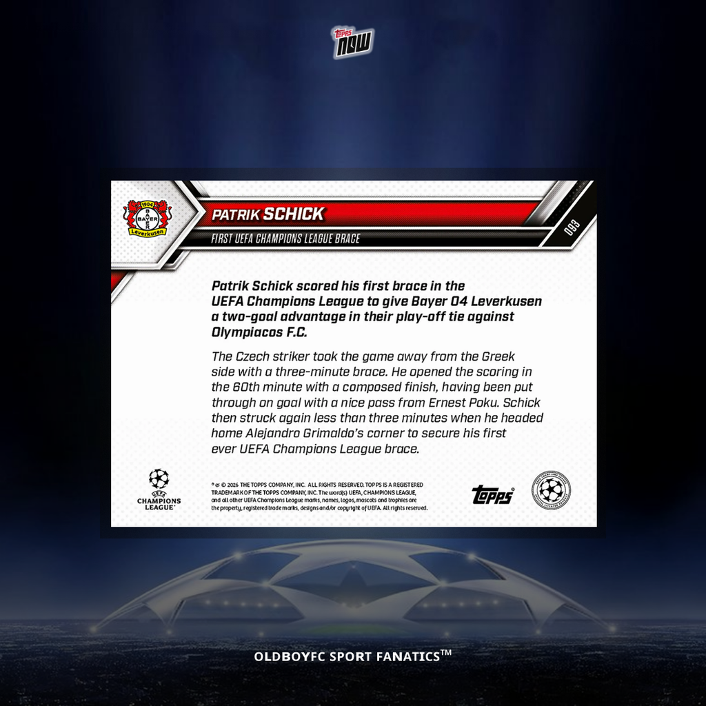 Topps Now Patrik Schick 25/26 UCL #93 球星卡 背面圖