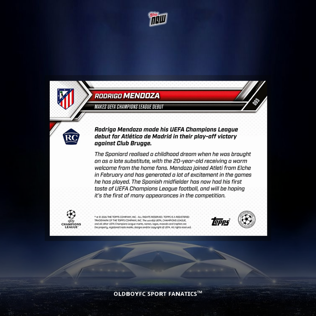 Topps Now Rodrigo Mendoza 25/26 UCL #95 球星卡 背面圖