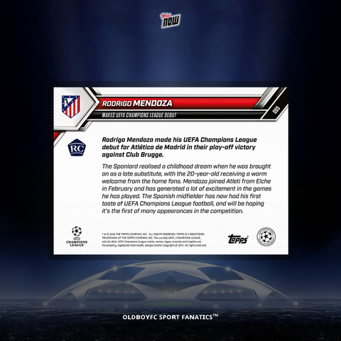 Topps Now Rodrigo Mendoza 25/26 UCL #95 球星卡 背面圖