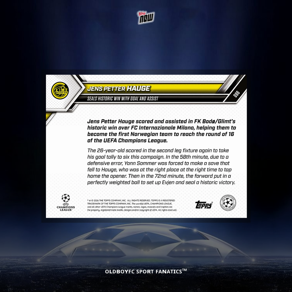 Topps Now Jens Petter Hauge 25/26 UCL #96 球星卡 背面圖