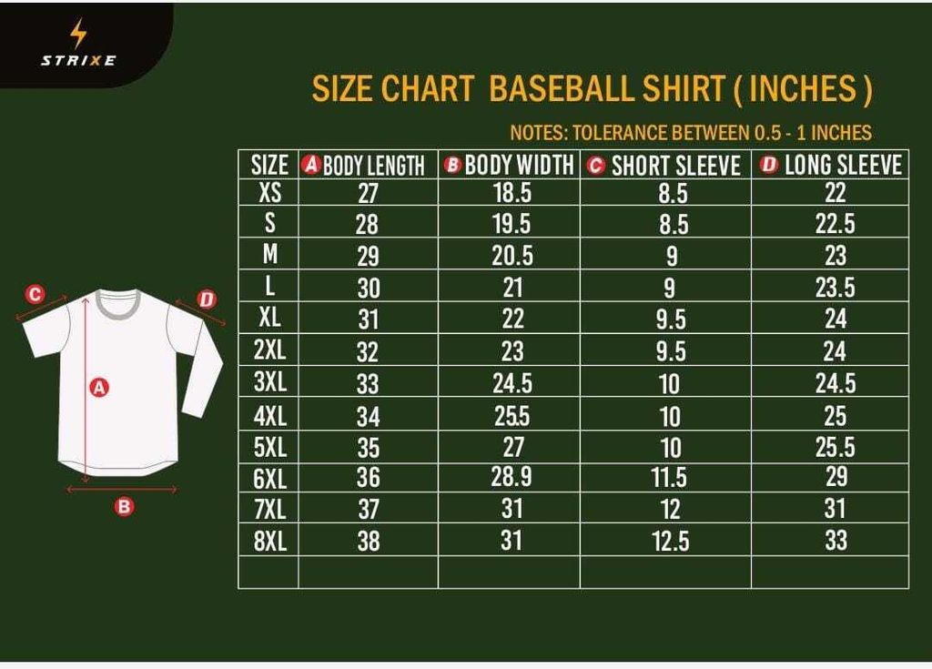 BASEBALL SHIRT SIZE CHART