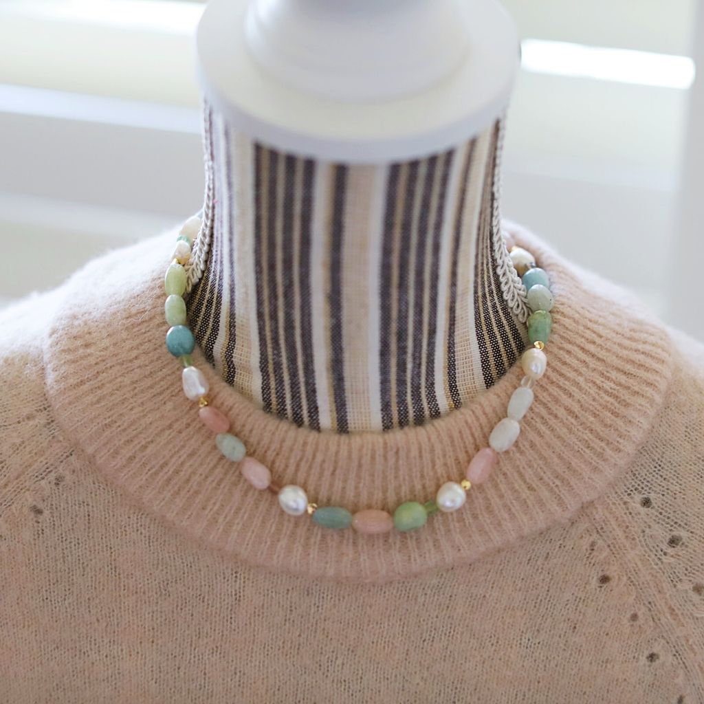 Claude's Palette｜莫內花園 摩根石 X 亞馬遜石 X 螢石 珍珠項鍊