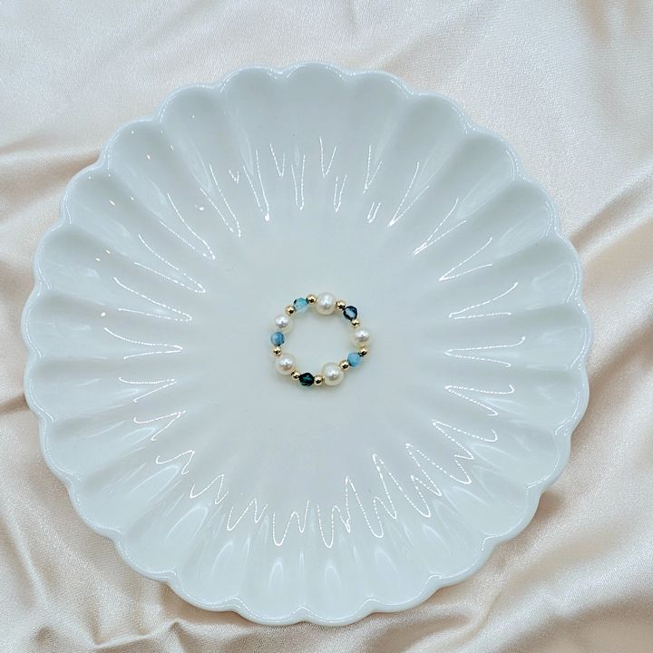 Blue Agate｜珍珠 X 湖水藍瑪瑙 彈力戒指