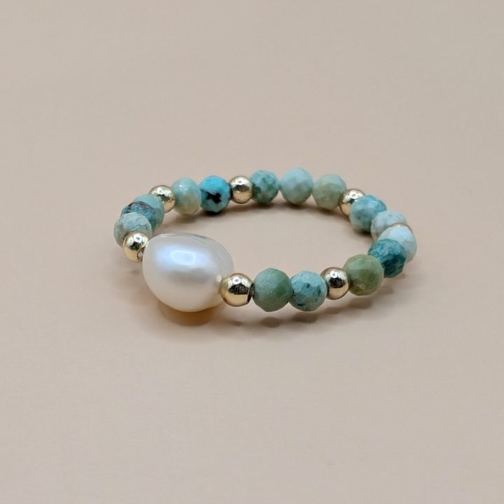 Turquoise｜珍珠 X 綠松石 彈力戒指