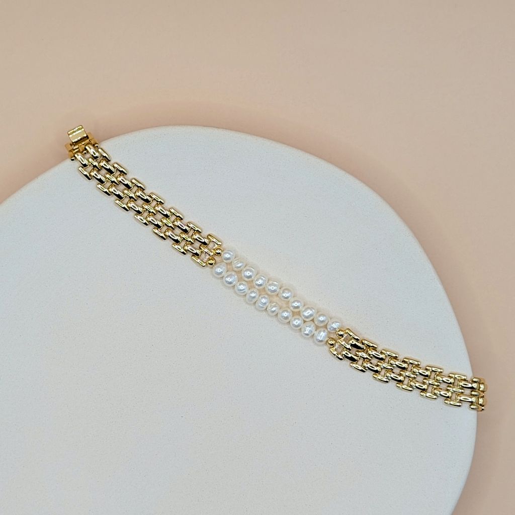 Retro Chain｜復古錶鍊拼接淡水珍珠手鍊