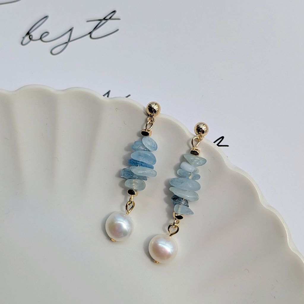 Aquamarine｜海藍寶垂墜珍珠耳環