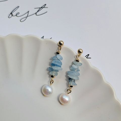 Aquamarine｜海藍寶垂墜珍珠耳環
