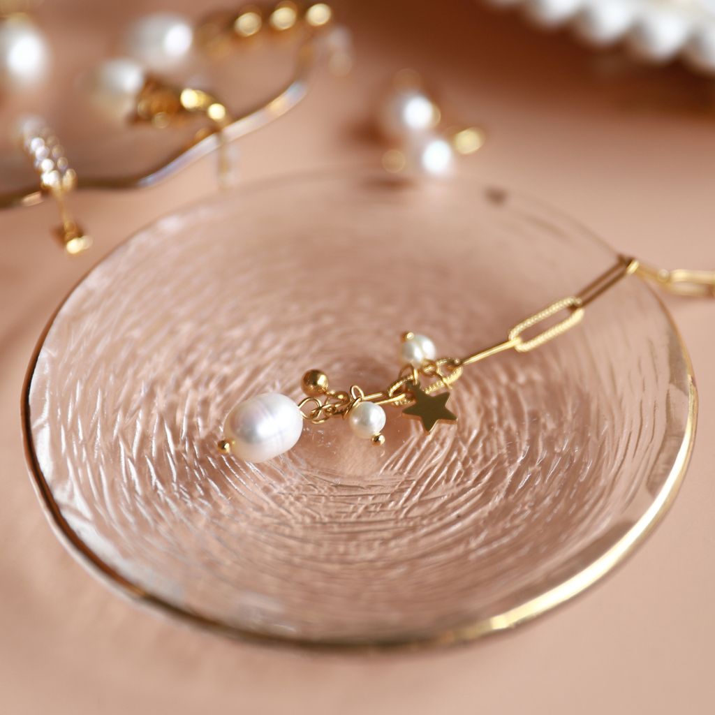 Starlight｜星星吊墜淡水珍珠長方形十字手鍊