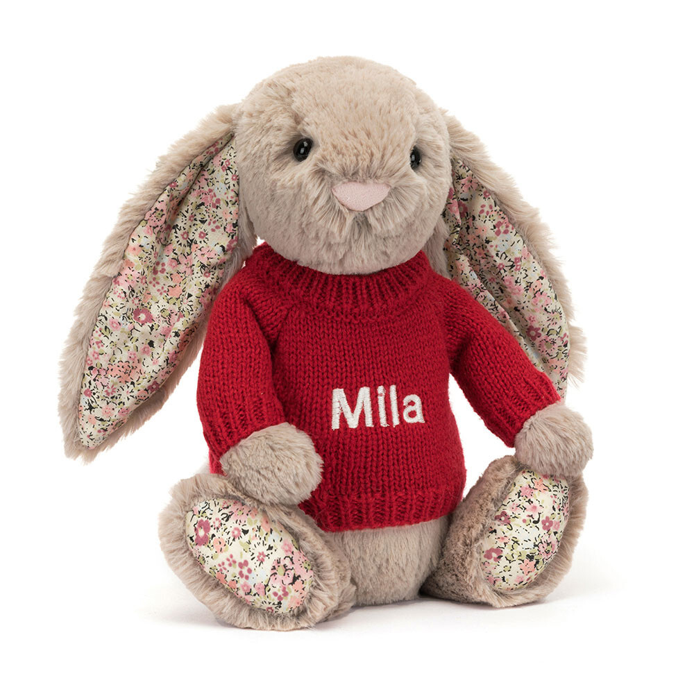 Blossom Bea Beige Bunny With Personalised Red Jumper 1