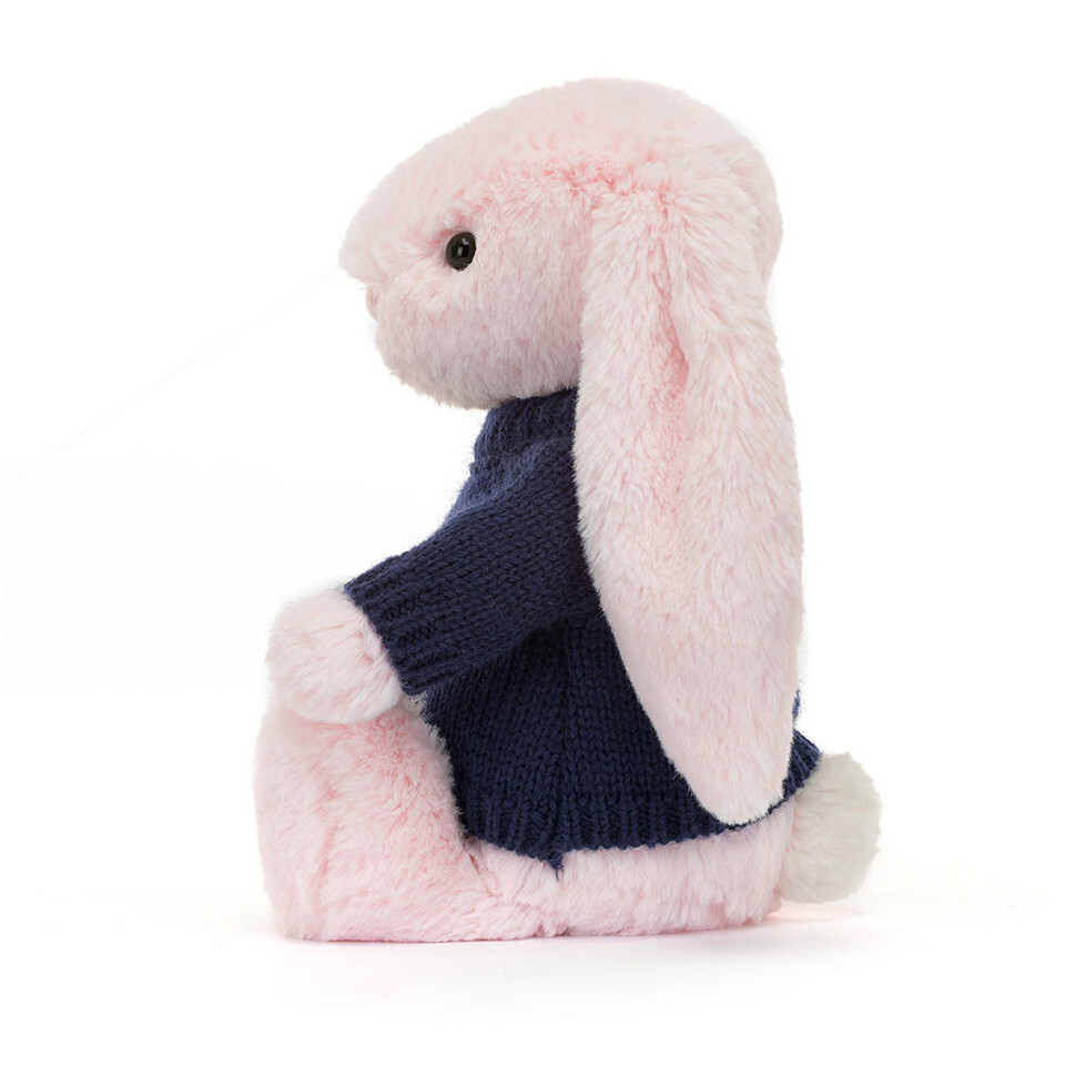 Bashful Pink Bunny With Personalised Navy Jumper 2