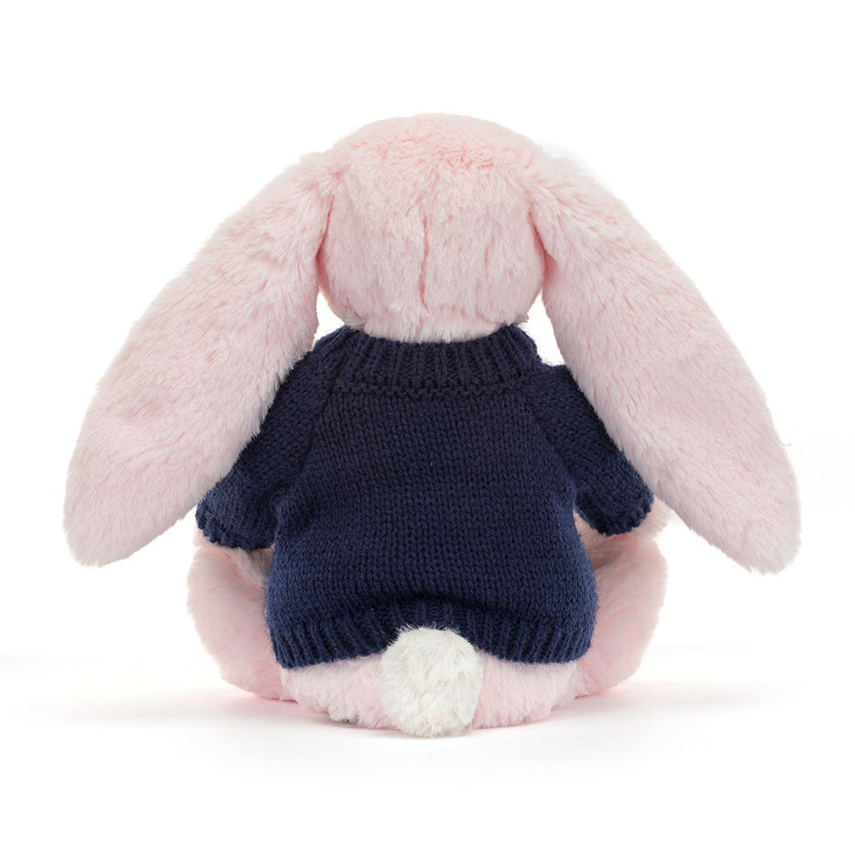 Bashful Pink Bunny With Personalised Navy Jumper 3