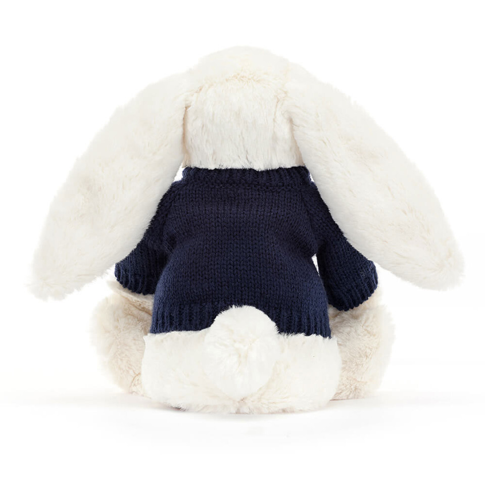 Bashful Cream Bunny With Personalised Navy Jumper 3