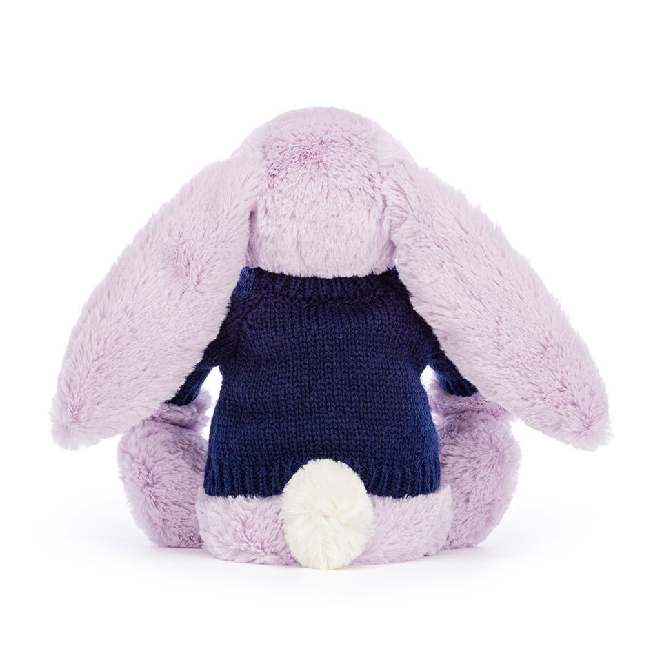 Bashful Lilac Bunny With Personalised Navy Jumper 3