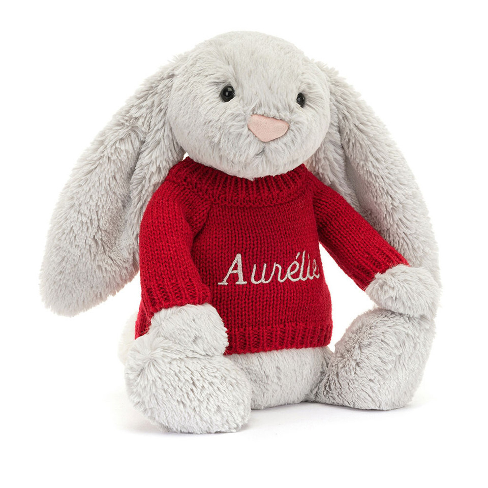 Bashful Silver Bunny With Personalised Red Jumper 1