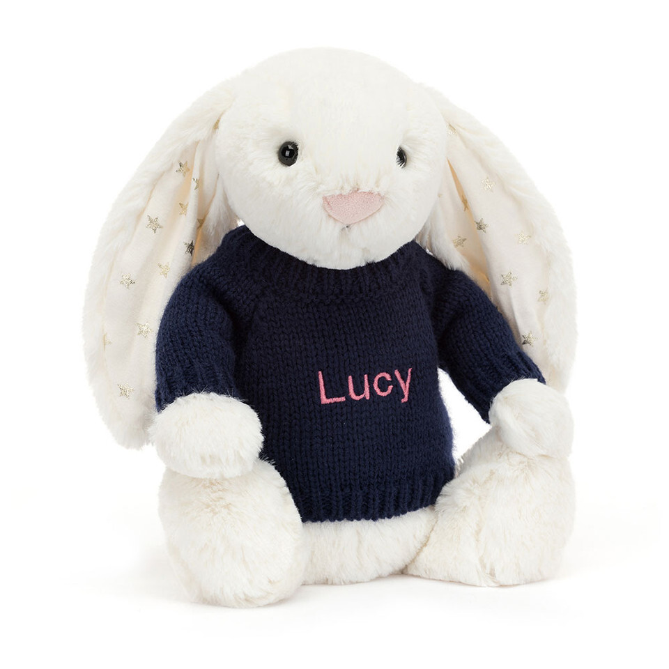 Bashful Twinkle Bunny With Personalised Navy Jumper 1