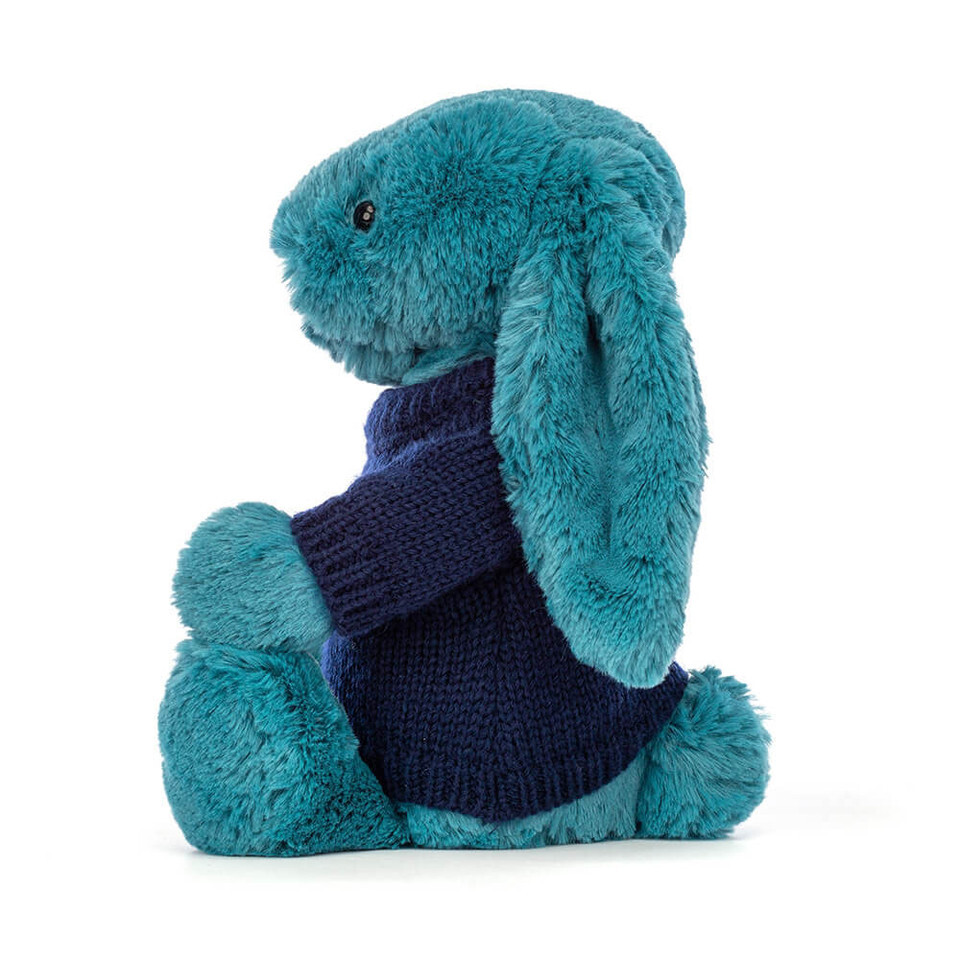 Bashful Mineral Blue Bunny With Personalised Navy Jumper 2