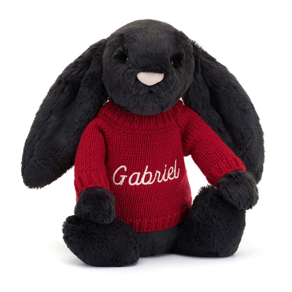 Bashful Inky Bunny With Personalised Red Jumper 1