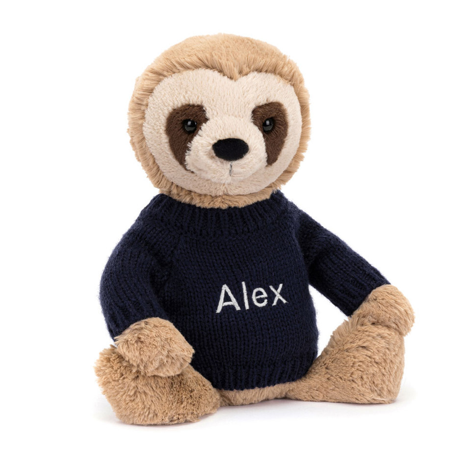 Bashful Sloth With Personalised Navy Jumper 1