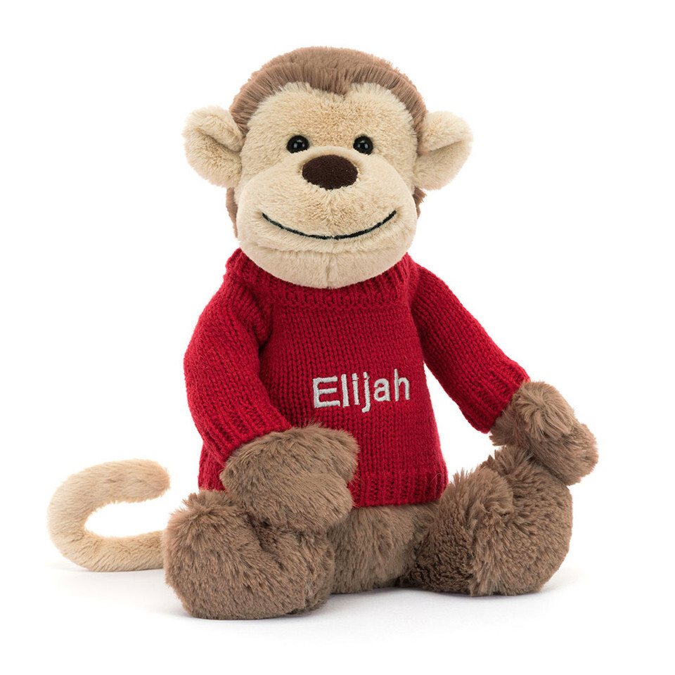 Bashful Monkey With Personalised Red Jumper 1