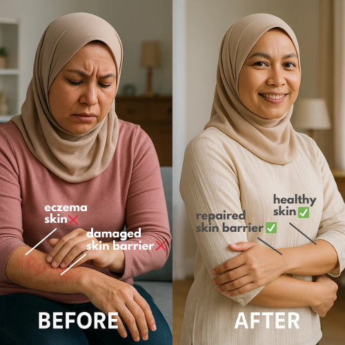 Before and after comparison showing eczema damaged skin barrier repaired to healthy skin after using dr.SK Skincare