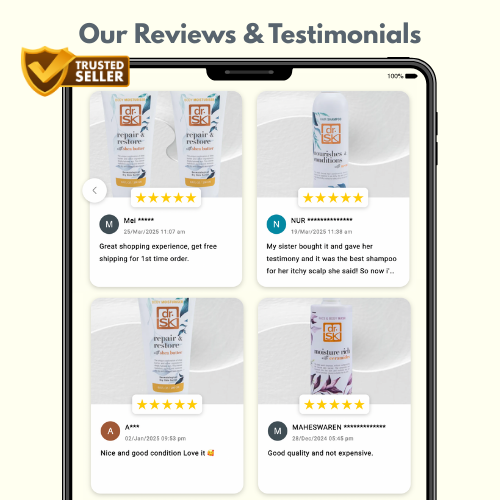 Customer reviews of dr.SK Skincare products with five star ratings for sensitive dry and itchy skin care