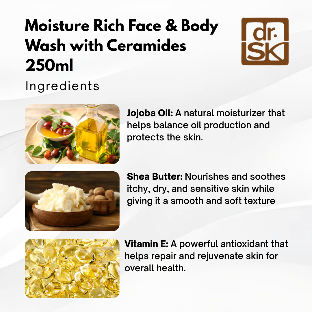 dr.SK Moisture Rich Face and Body Wash 250ml ingredients jojoba oil shea butter and vitamin E hydrate sensitive skin