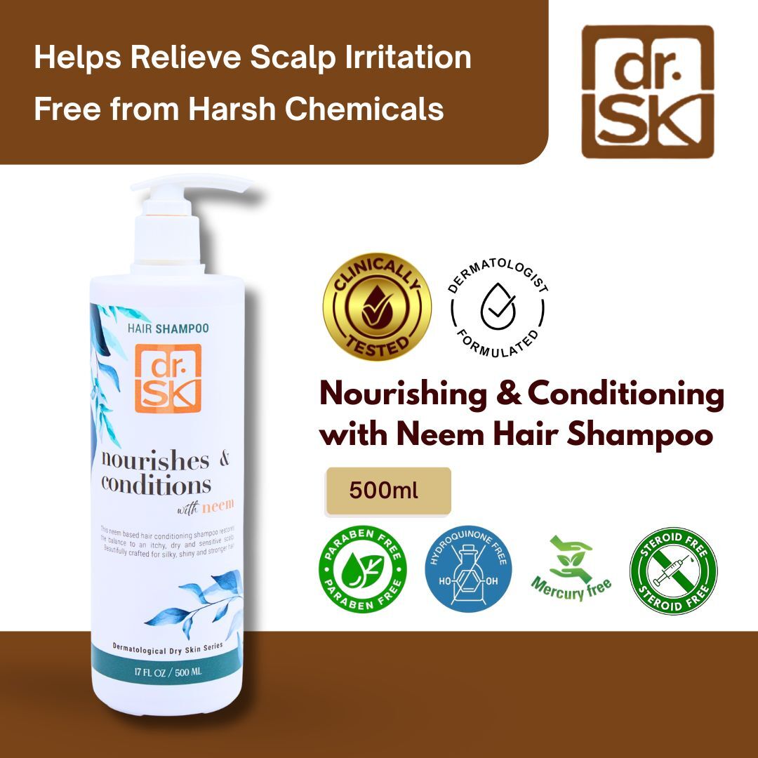 dr.SK Neem Hair Shampoo 500ml helps relieve scalp irritation free from harsh chemicals and clinically tested for gentle care