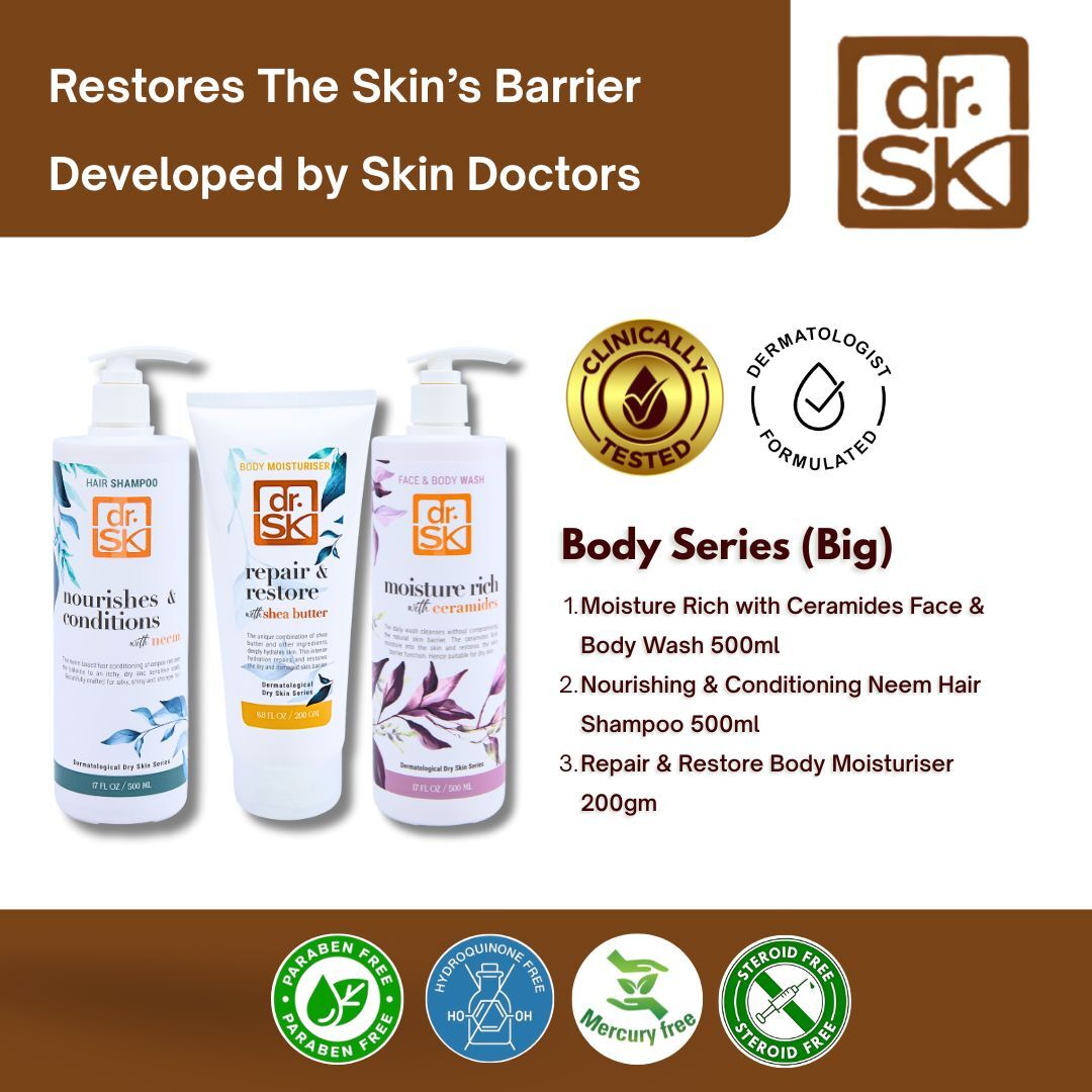 dr.SK Body Series Big Set with Ceramide Face and Body Wash, Neem Shampoo and Shea Butter Moisturiser dermatologically tested