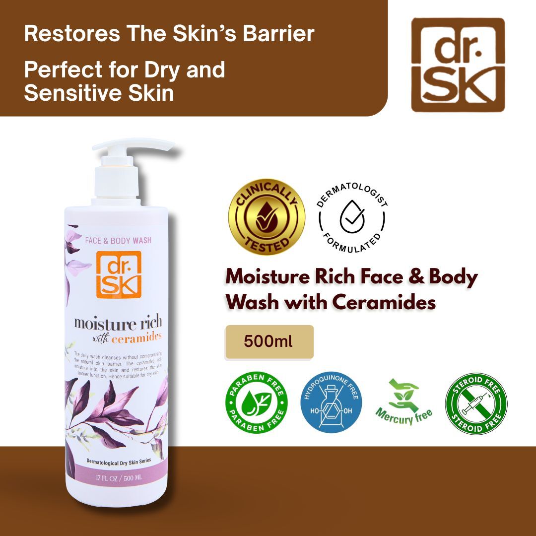 dr.SK Moisture Rich Face and Body Wash with Ceramides 500ml restores skin barrier and hydrates dry sensitive skin